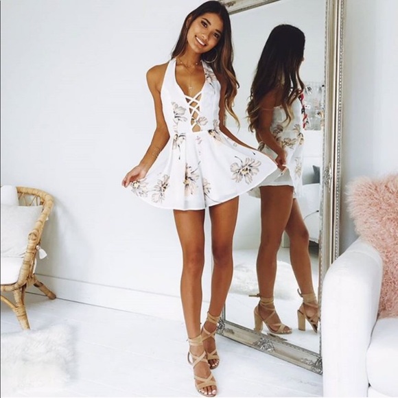 The O Boutique Pants - •LAST 1• White & Peach Floral Lace-Up Bust Romper